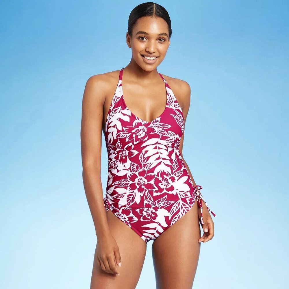 Women's‎ Bi-Color Side-Cinch Tropical Modern One Piece Swimsuit - Kona Sol™ Pink
